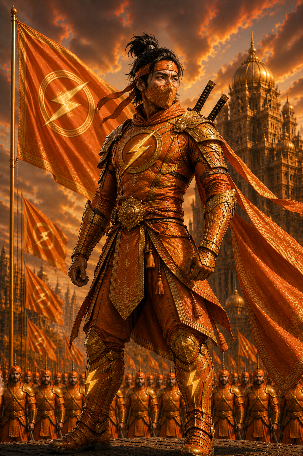 Full-length canonical artwork of masked Japtinja with twin swords